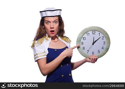 Sailor with clock isolated on white