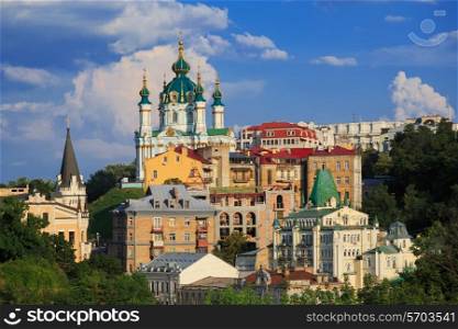 Saint Andrew church and old buildings on the hill in Kyiv, Ukraine&#xA;