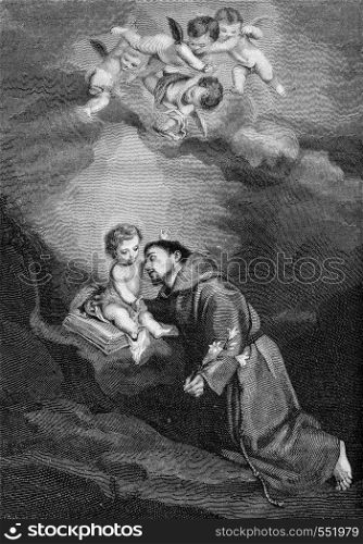 Saint Anthony of Padua, table Murillo in Seville Cathedral, vintage engraved illustration. Magasin Pittoresque 1867.
