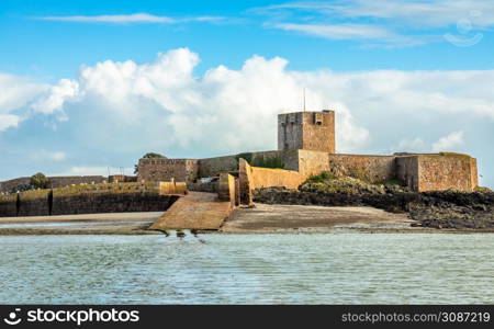 Saint Aubin Fort in a low tide waters, La Manche channel, bailiwick of Jersey, Channel Islands