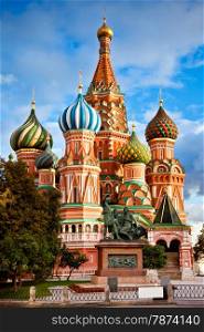 Saint Basil Cathedral with the monument for Minin and Pozharsky on Red Square in Moscow, Russia