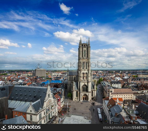 Saint Bavo Cathedral (Sint-Baafskathedraal) and Sint-Baafsplein, view from Belfry. Ghent, Belgium