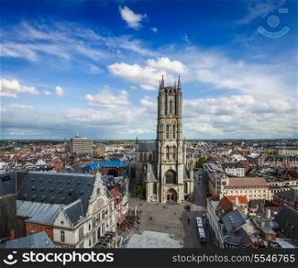 Saint Bavo Cathedral (Sint-Baafskathedraal) and Sint-Baafsplein, view from Belfry. Ghent, Belgium