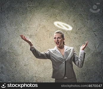 Saint businesswoman. Image of businesswoman with prohibition sign above head