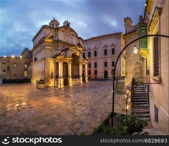 Saint Catherine of Italy Church and Jean Vallette Piazza in the Morning, Vallette, Malta