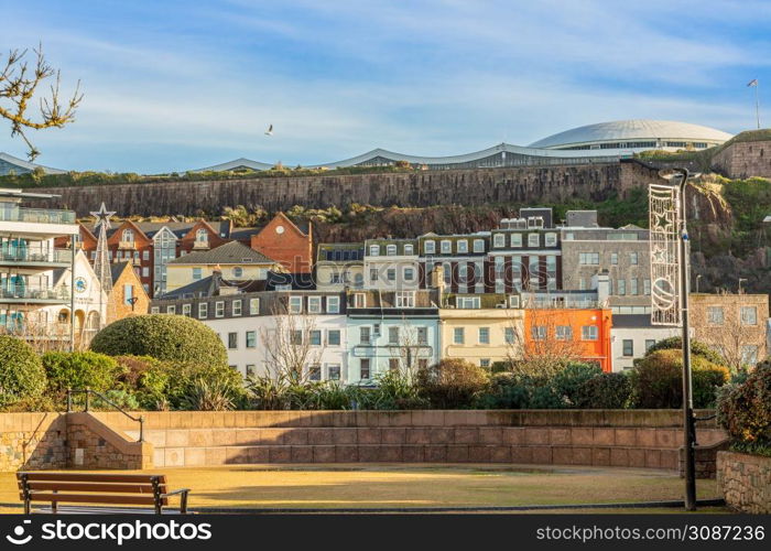 Saint Helier central square with fort Regent int the background, bailiwick of Jersey, Channel Islands