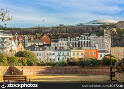Saint Helier central square with fort Regent int the background, bailiwick of Jersey, Channel Islands