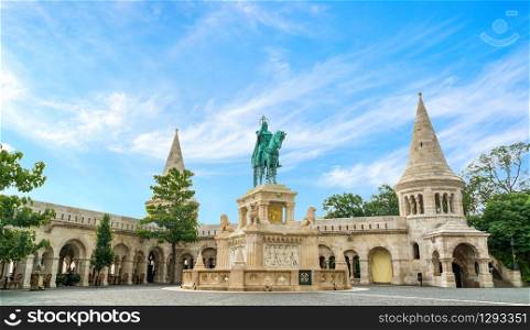 Saint Istvan monument on square of Fisherman Bastion in Budapest. Saint Istvan monument