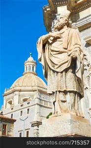 Saint James statue in the front of Saint Agatha Cathedral of Catania, Sicily, Italy