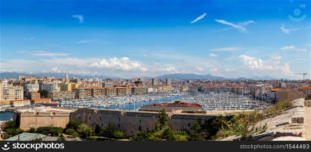 Saint Jean Castle and Cathedral de la Major and the Vieux port in Marseille, France in a summer day