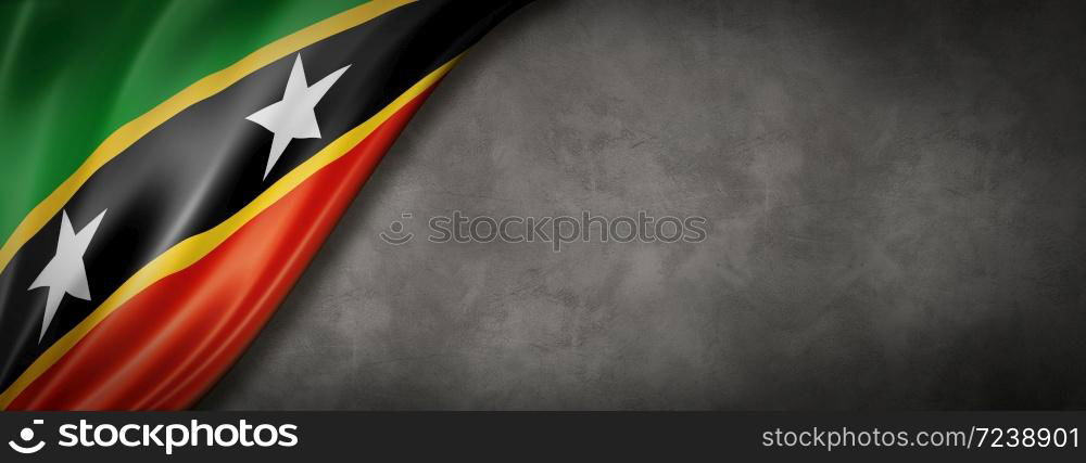 Saint Kitts And Nevis flag on concrete wall. Horizontal panoramic banner. 3D illustration. Saint Kitts And Nevis flag on concrete wall banner