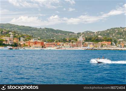 Saint Margherita Ligure. City Beach.. Scenic view from the sea at the resort town Saint Margherita Ligure. Italy. Cinque Terre.