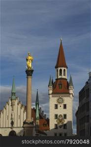 Saint Mary?s Column, and Zodiac Clock Tower, Marienplatz, Munich, Bavaria, Germany, Europe.