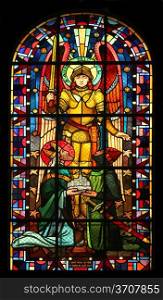 Saint Michael, stained glass, Notre Dame de Clignancourt church, Paris, France