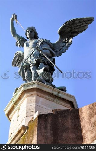 Saint Michael statue on the top of Castel Sant`Angelo in Rome. Italy.