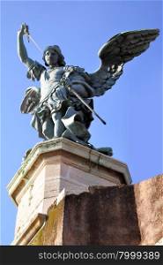Saint Michael statue on the top of Castel Sant`Angelo in Rome. Italy.