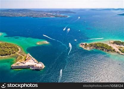 Saint Nikola fortress and Sibenik bay entrance aerial view, archipelago od Dalmatia, Croatia