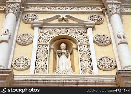 Saint on the facade of cathedral in Comayagua, Honduras