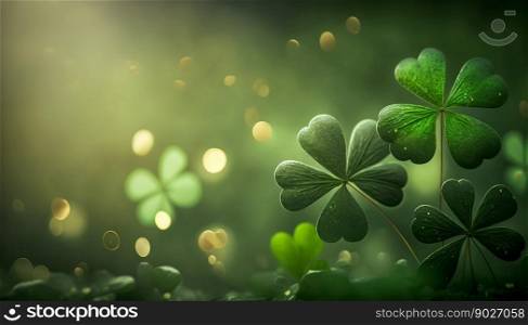 Saint Patrick green background banner with clover. Generative AI. High quality illustration. Saint Patrick green background banner with clover. Generative AI