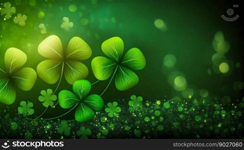 Saint Patrick green background banner with clover. Generative AI. High quality illustration. Saint Patrick green background banner with clover. Generative AI