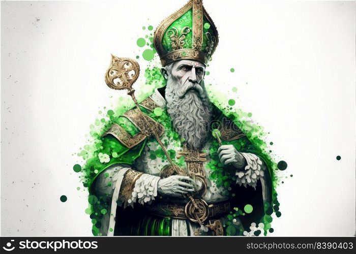 Saint Patrick image with green colors on a white background. Funny main character of Irish festivity. Festivity Irish day, famous religious celebration, traditional holidays. Generative AI