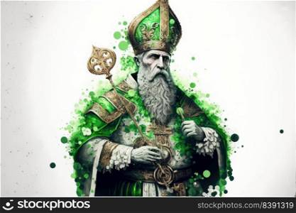 Saint Patrick image with green colors on a white background. Funny main character of Irish festivity. Festivity Irish day, famous religious celebration, traditional holidays. Generative AI