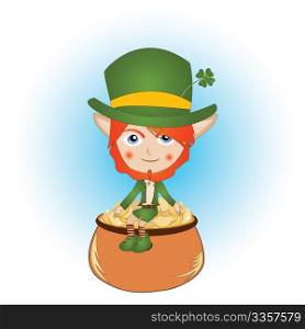 Saint Patrick&rsquo;s Day card with leprechaun and pot of gold