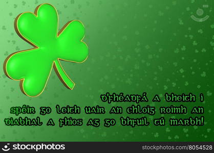 Saint Patrick's Day Card with green clover leaf and Irish blessing in Irish translating - May you be in heaven a half hour before the devil knows you're dead