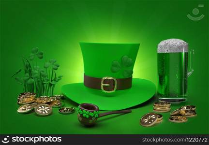 Saint Patricks Day Card with Treasure, Golden Coins,Pipe brown tobacco Green top hat and Shamrock with a full cold frosty glass of beer on Green Background. 3d render Illustration concept.