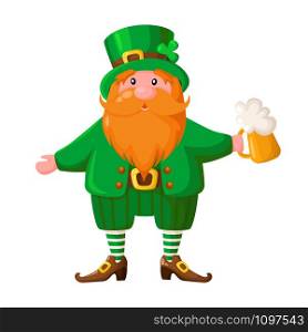 Saint Patricks Day cartoon leprechaun with red beard, dwarf in green hat with beer cup, traditional holiday symbol - fairytale cute character, vector cartoon icon isolated on white background. Saint Patricks Day cartoon