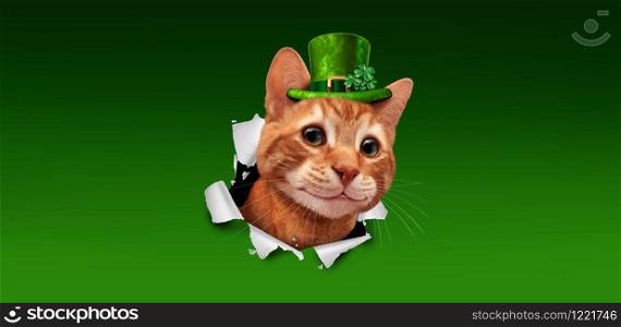 Saint Patricks day Irish holiday cat wearing a green leprechaun hat with a shamrock clover bursting out of paper with 3D illustration elements.