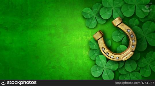 Saint Patricks Day lucky charms as green shamrock and a horse shoe as a clover leaf background as a St Patrick celebration symbol and seasonal spring icon of Irish tradition celebration with 3D render elements.