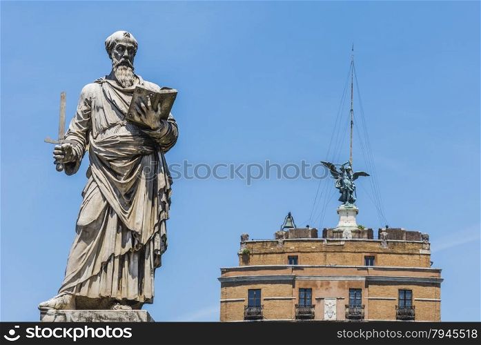 Saint Paul Statue standing in front of Castel Sant&rsquo;angelo in Rome