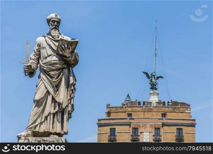 Saint Paul Statue standing in front of Castel Sant&rsquo;angelo in Rome