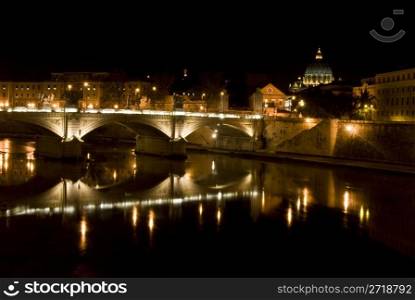 Saint Peter and the Tiber in Rome at night