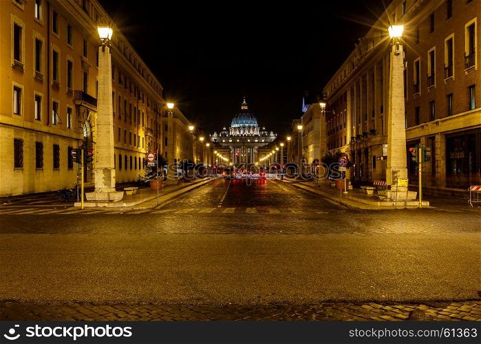 Saint Peter Basilica and Vatican City in the Night, Rome, Italy
