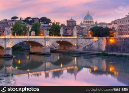 Saint Peter Cathedral at sunset in Rome, Italy.. View of Tiber River, bridge Vittorio Emanuele II and Saint Peter Cathedral during beautiful sunset in Rome, Italy.