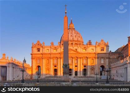 Saint Peter Cathedral in Rome, Vatican, Italy.. Panoramic view of The Papal Basilica of St. Peter in the Vatican or Saint Peter Cathedral at sunrise in Rome, Italy.