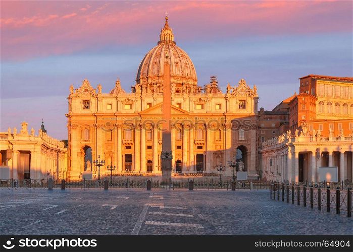 Saint Peter Cathedral in Rome, Vatican, Italy.. Panoramic view of The Papal Basilica of St. Peter in the Vatican or Saint Peter Cathedral at sunrise in Rome, Italy.