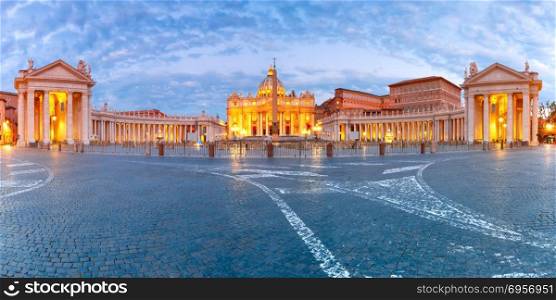Saint Peter Cathedral in Rome, Vatican, Italy.. Panoramic view of The Papal Basilica of St. Peter in the Vatican or Saint Peter Cathedral during morning blur hour in Rome, Italy.