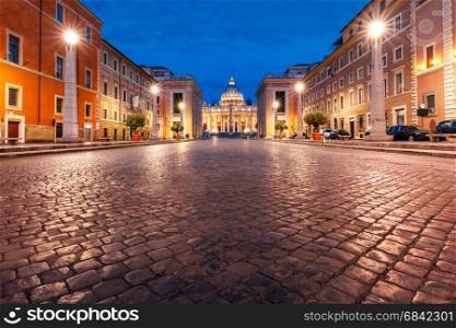 Saint Peter Cathedral in Rome, Vatican, Italy.. View of The Papal Basilica of St. Peter in the Vatican or Saint Peter Cathedral during morning blue hour in Rome, Italy.