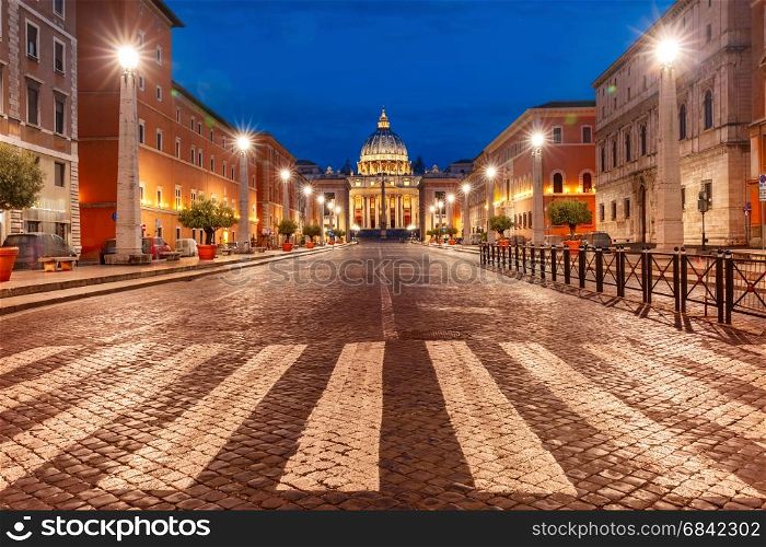 Saint Peter Cathedral in Rome, Vatican, Italy.. View of The Papal Basilica of St. Peter in the Vatican or Saint Peter Cathedral during morning blue hour in Rome, Italy.