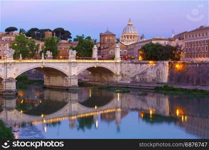 Saint Peter Cathedral in the morning, Rome, Italy.. View of Tiber River, bridge Vittorio Emanuele II and Saint Peter Cathedral during morning blue hour in Rome, Italy.