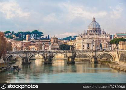 Saint Peter&rsquo;s basilica and Saint Angelo bridge in Rome
