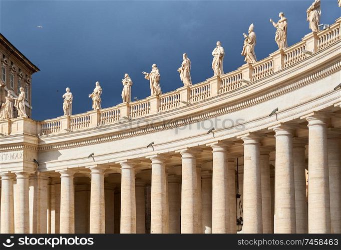 Saint Peter&rsquo;s Square details, columns and sculptures in Vatican
