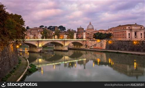 Saint Peter's Cathedral and Vittorio Emmanuele II Bridge in the Morning, Rome, Italy