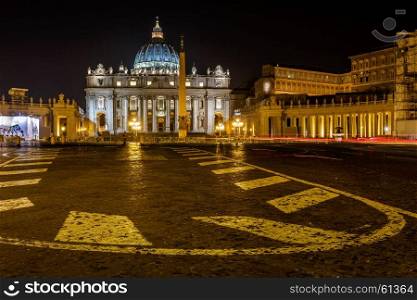 Saint Peter Square and Saint Peter Basilica at Night, Vatican City, Rome, Italy