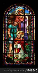 Saint Rustique, Saint Eleutherius and Saint Denis, stained glass, Notre Dame de Clignancourt church, Paris, France
