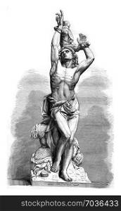 Saint Sebastien, sculpture by Gautherin, vintage engraved illustration. Magasin Pittoresque 1877.