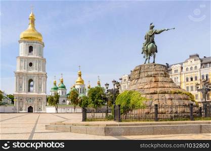 Saint Sophia Church and Bohdan Khmelnytsky statue in Kiev, Ukraine